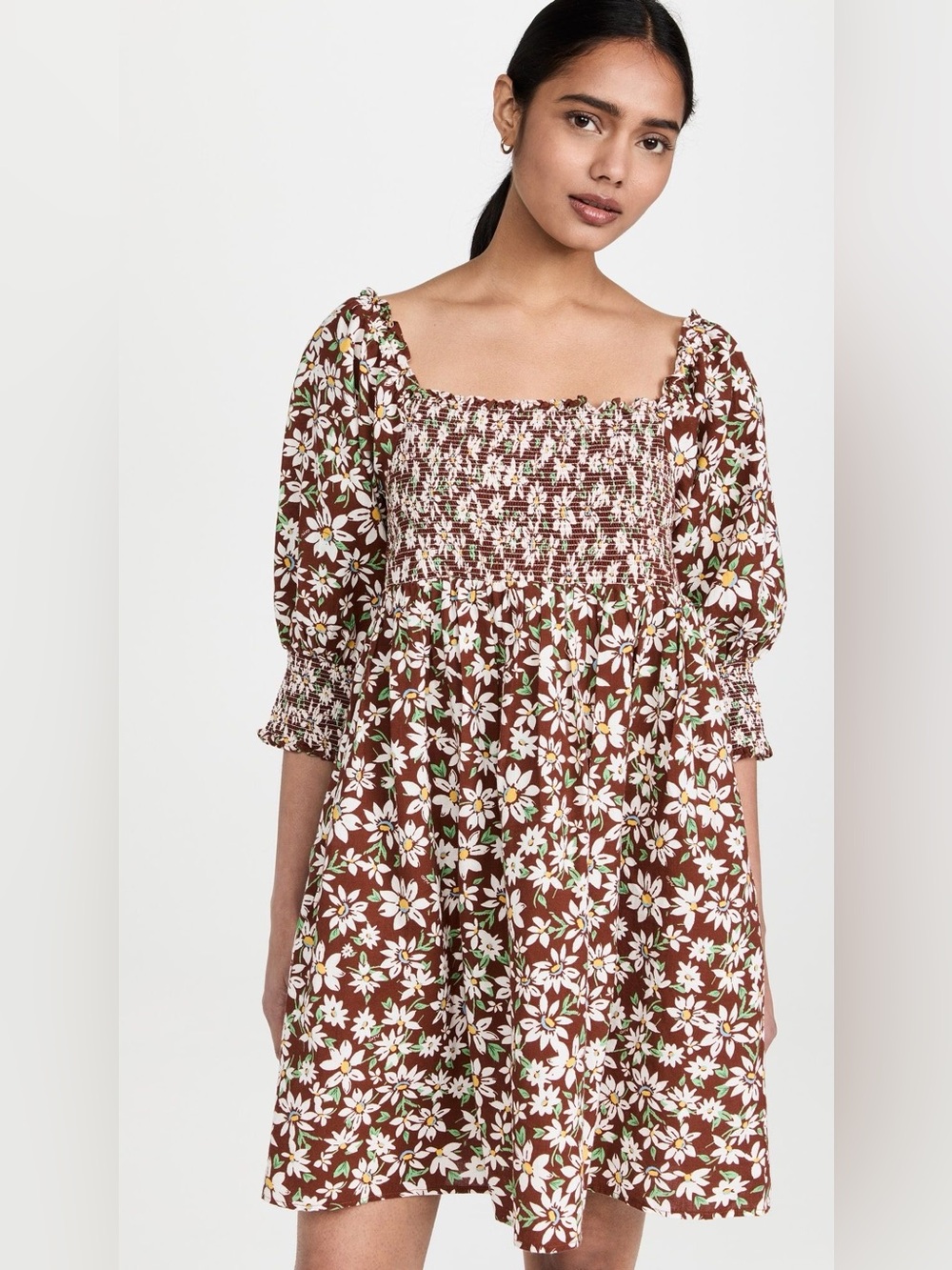 RIXO Brenda Floral Smocked Linen Mini Dress Chocolate Daisy Chain L
